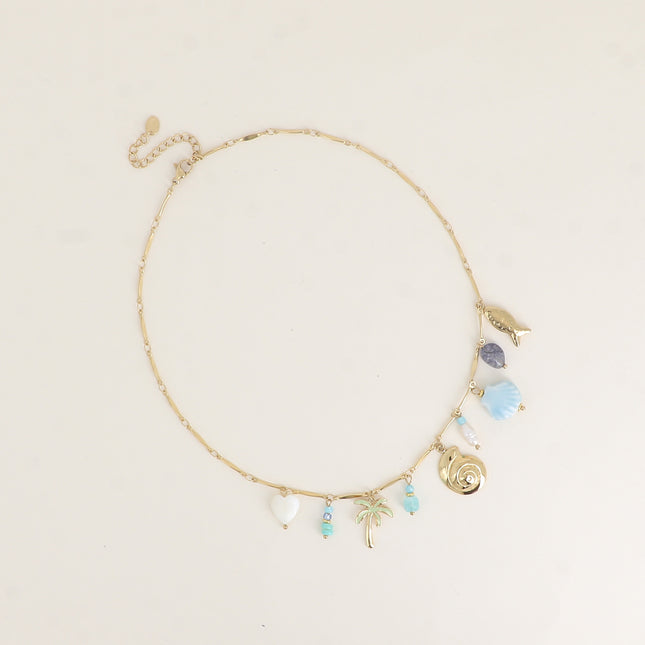 Collier - coeur nacré, coquillages, perles d'eau douce, céramiques