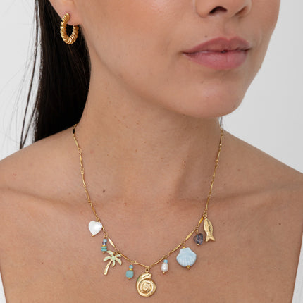 Collier - coeur nacré, coquillages, perles d'eau douce, céramiques