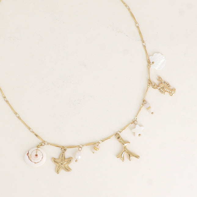 Collier - corail, coquillage nacré, coquillage naturel, étoiles de mer, homard, pierres naturelles