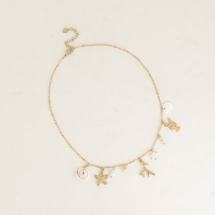 Collier - corail, coquillage nacré, coquillage naturel, étoiles de mer, homard, pierres naturelles