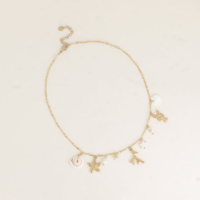 Collier - corail, coquillage nacré, coquillage naturel, étoiles de mer, homard, pierres naturelles