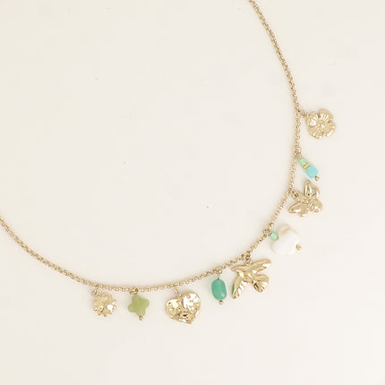 Collier - soleil, trèfle, fleur, coeur, oiseau, papillon, nacre et pierres naturelles