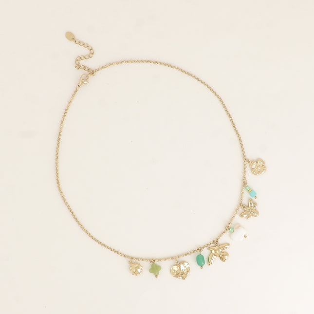 Collier - soleil, trèfle, fleur, coeur, oiseau, papillon, nacre et pierres naturelles