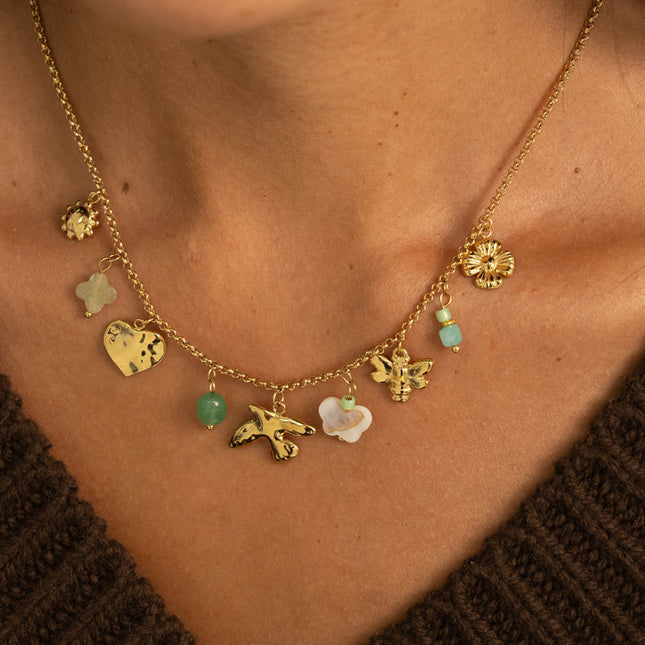 Collier - soleil, trèfle, fleur, coeur, oiseau, papillon, nacre et pierres naturelles