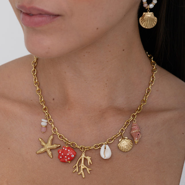 Collier - coquillages, corail, cauri naturel, étoile de mer et poisson en céramique émaillé, étoile de mer