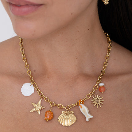 Collier - étoile de mer, poisson, coquillages et céramique émaillée