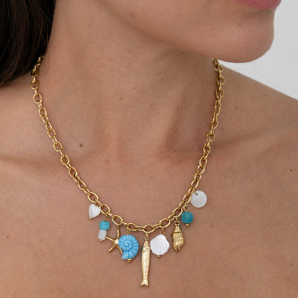 Collier - nacres, pierres naturelles, coquillages, poisson, étoile de mer