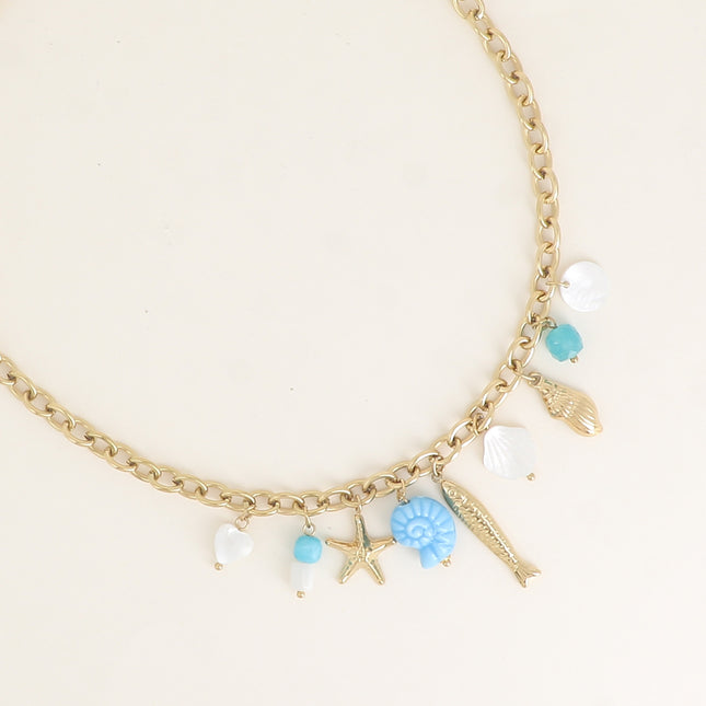Collier - nacres, pierres naturelles, coquillages, poisson, étoile de mer
