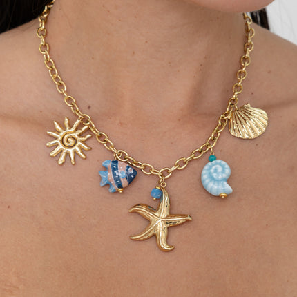 Collier - coquillages, étoile de mer, soleil, poisson, céramique et émail