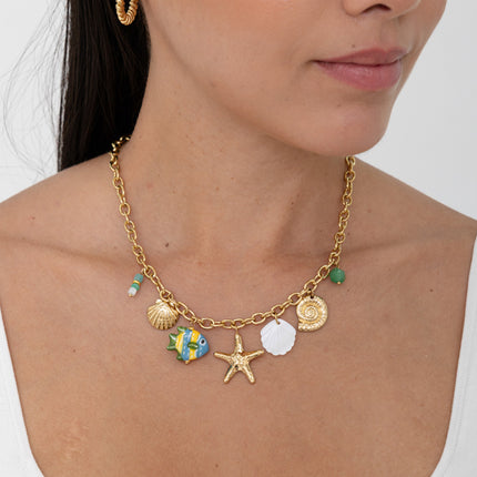 Necklace - mother-of-pearl shell, starfish, shells, ceramic and enamel fish