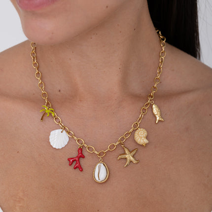 Necklace - mother-of-pearl shell, enamel coral, natural cowrie, starfish, ceramic, palm tree, fish