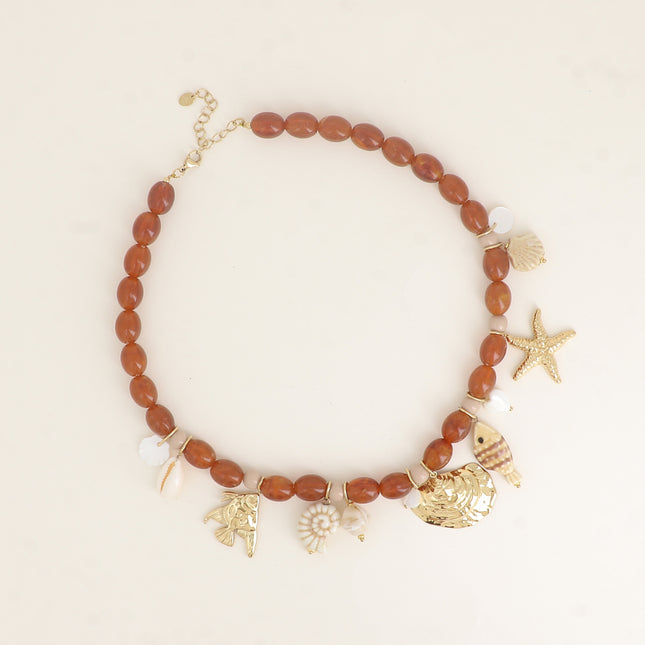 Collier sur câble - perles de résine et breloques marins, étoile de mer