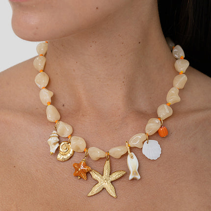 Necklace on wire - resin beads, shells, starfish, ceramic
