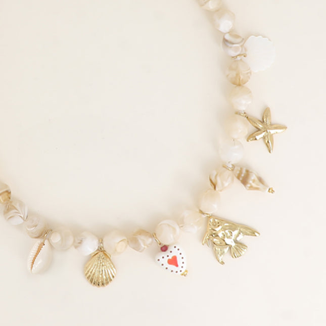 Collier - coquillages, étoile de mer, coeur en céramique, poisson