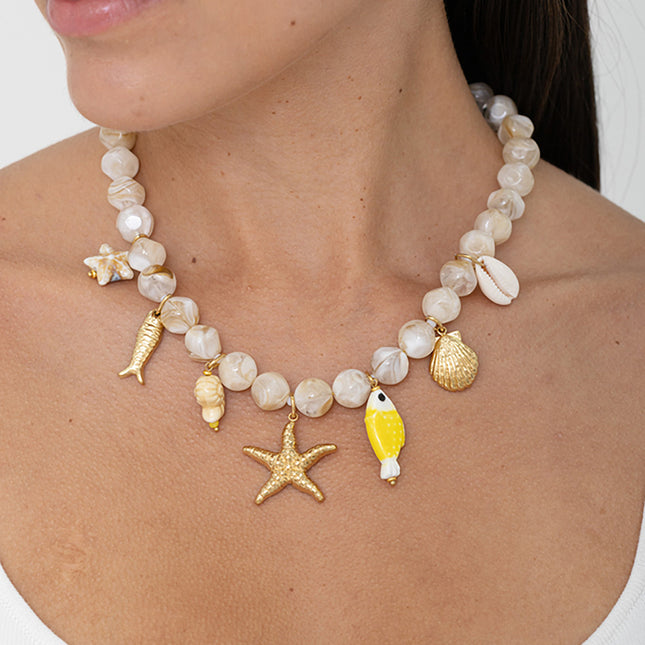 Collier - coquillages, étoile de mer, poissons, céramique