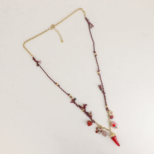 Collier sur cordon - coeur, trèfle émaillé, piment en résine, fleur en céramique