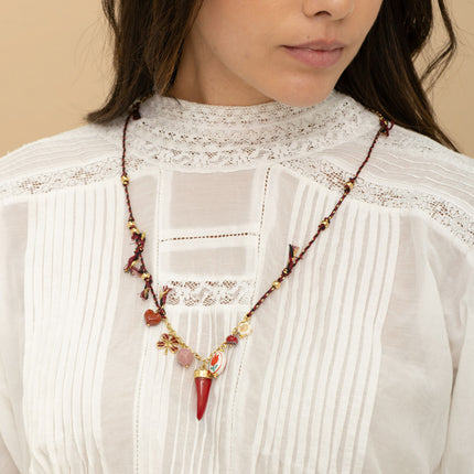 Cord necklace - heart, enameled clover, resin chili pepper, ceramic flower
