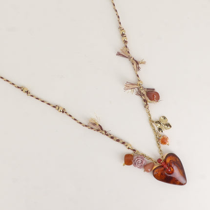 Collier sur cordon - coeur en résine, trèfle, fleurs, céramique, perles