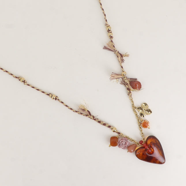 Collier sur cordon - coeur en résine, trèfle, fleurs, céramique, perles