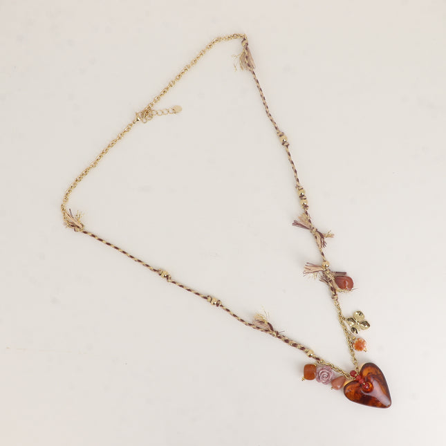 Collier sur cordon - coeur en résine, trèfle, fleurs, céramique, perles