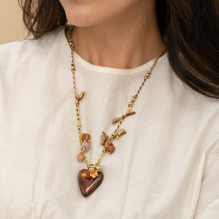 Collier sur cordon - coeur en résine, trèfle, fleurs, céramique, perles