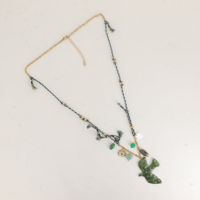 Collier - oiseau en résine, trèfle nacré, fleur, coeur, perles en céramique