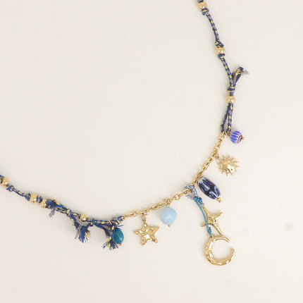 Collier - cordon et chaîne, lune, étoile, soleil, perles en céramique émaillée, rocailles
