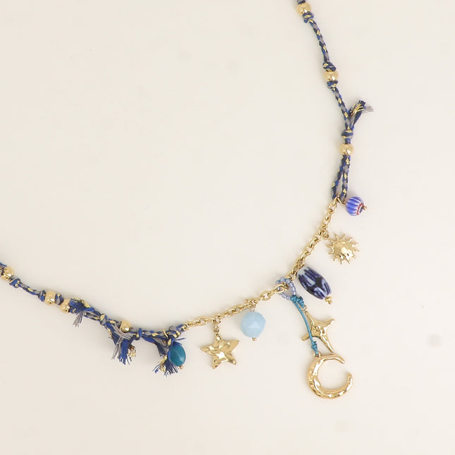 Collier - cordon et chaîne, lune, étoile, soleil, perles en céramique émaillée, rocailles