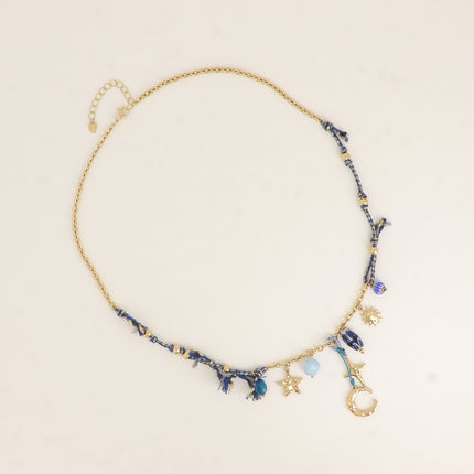 Collier - cordon et chaîne, lune, étoile, soleil, perles en céramique émaillée, rocailles