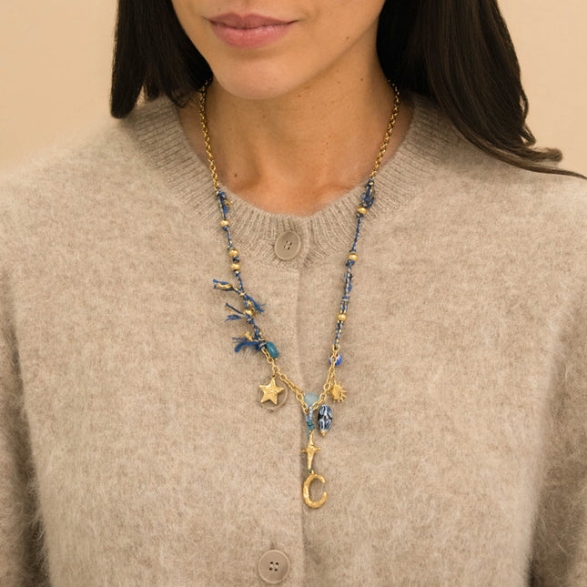 Collier - cordon et chaîne, lune, étoile, soleil, perles en céramique émaillée, rocailles