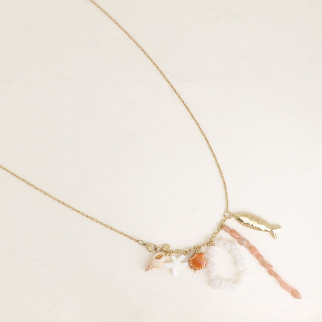 Sautoir - pierres naturelles, coquillage, étoile de mer nacrée, céramique