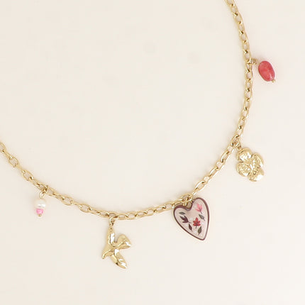 Collier - trèfle avec coeur, oiseau, perles en résine, coeur émaillé aux motifs feuillages