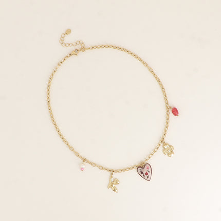 Collier - trèfle avec coeur, oiseau, perles en résine, coeur émaillé aux motifs feuillages