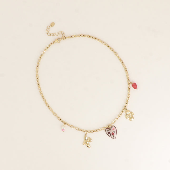 Collier - trèfle avec coeur, oiseau, perles en résine, coeur émaillé aux motifs feuillages