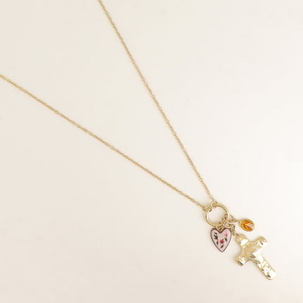 Sautoir - croix religieuse, la Madone, coeur émaillé aux motifs feuillages