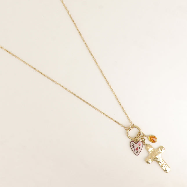 Sautoir - croix religieuse, la Madone, coeur émaillé aux motifs feuillages
