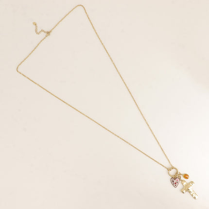 Sautoir - croix religieuse, la Madone, coeur émaillé aux motifs feuillages