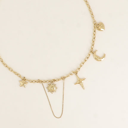 Collier - coeur, croissant de lune, étoiles, soleil