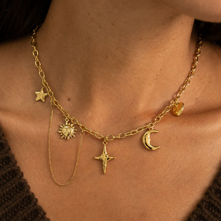 Collier - coeur, croissant de lune, étoiles, soleil