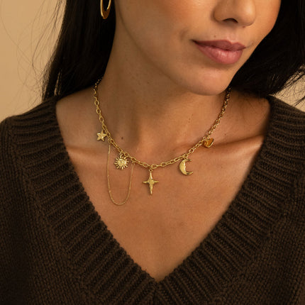 Collier - coeur, croissant de lune, étoiles, soleil
