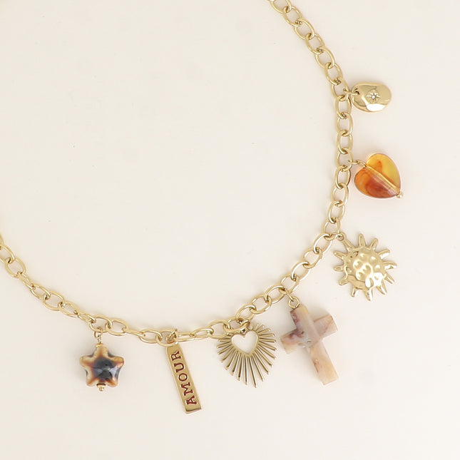 Collier - étoile en céramique, plaquette AMOUR, croix et coeur en résine, soleil, ovale avec étoile ornée d'un cristal