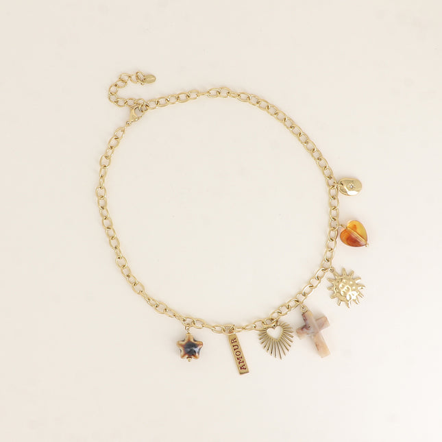 Collier - étoile en céramique, plaquette AMOUR, croix et coeur en résine, soleil, ovale avec étoile ornée d'un cristal