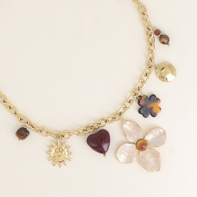 Collier - pierres naturelles, soleil, coeur et trèfle en résine, fleur en émail