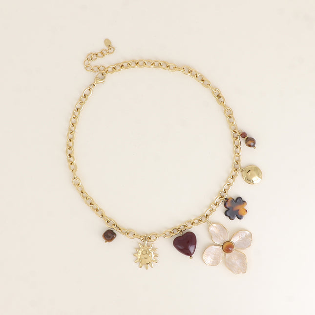 Collier - pierres naturelles, soleil, coeur et trèfle en résine, fleur en émail