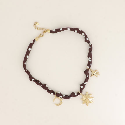 Collier - tissu ruban avec croissant de lune, soleil et étoiles