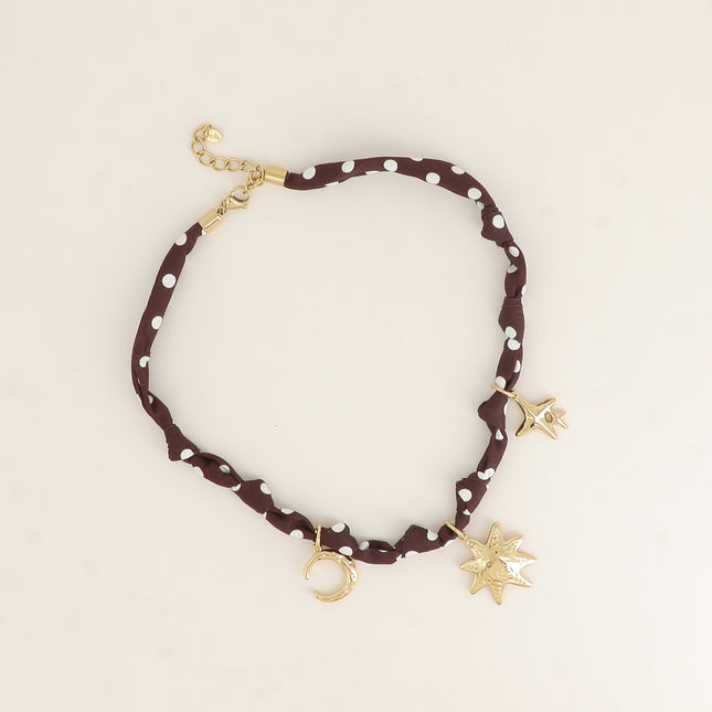 Collier - tissu ruban avec croissant de lune, soleil et étoiles