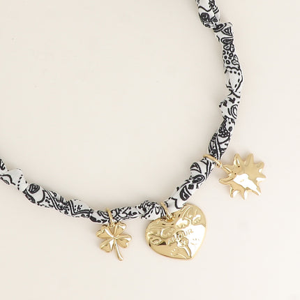 Collier - tissu ruban avec trèfle, coeur avec AMOUR et fleurs gravés, soleil