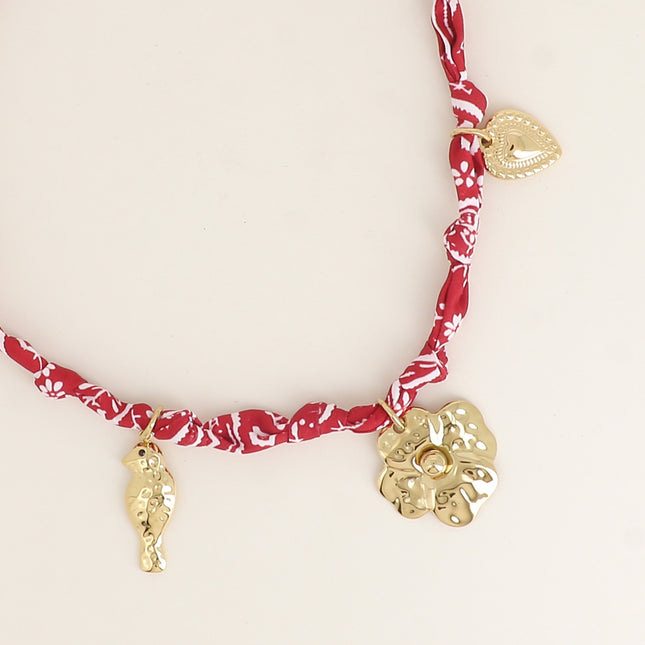 Collier - tissu ruban avec oiseau, fleur, coeur