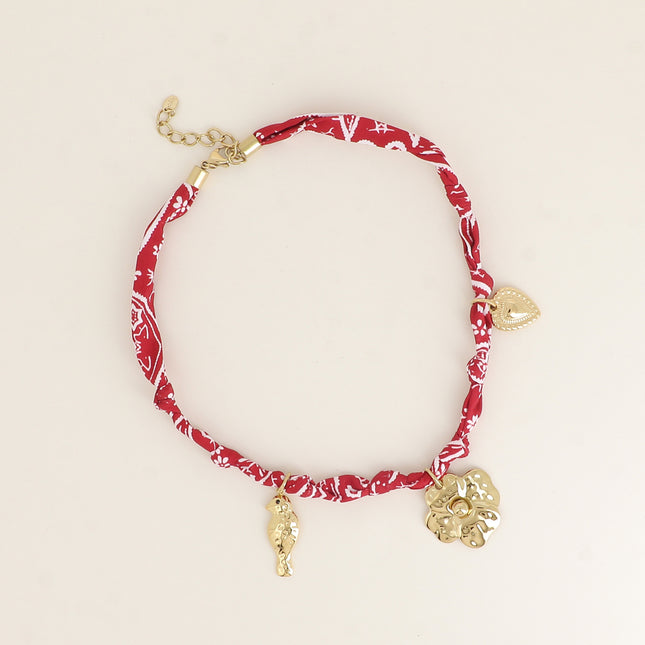 Collier - tissu ruban avec oiseau, fleur, coeur