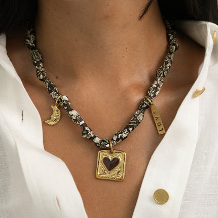 Necklace - ribbon fabric with openwork LOVE plaque, heart and crescent moon with crystal